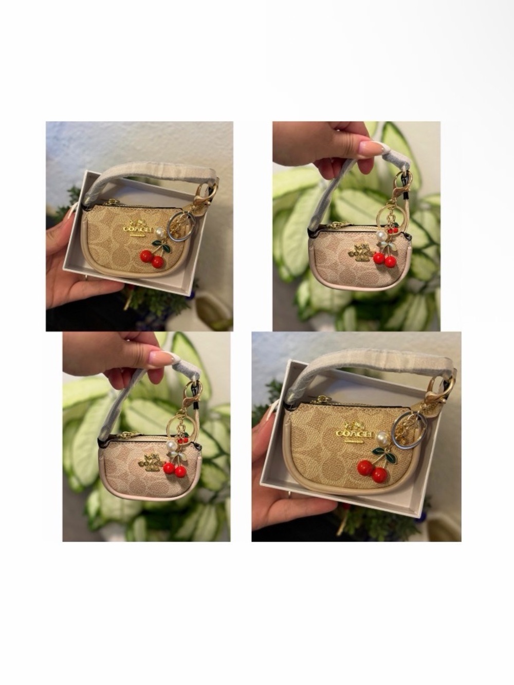 Coach Mini Wristlet Keychain with Cherry Charm - Beige